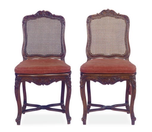 A SET OF SIX LOUIS XV WALNUT CHAISES,