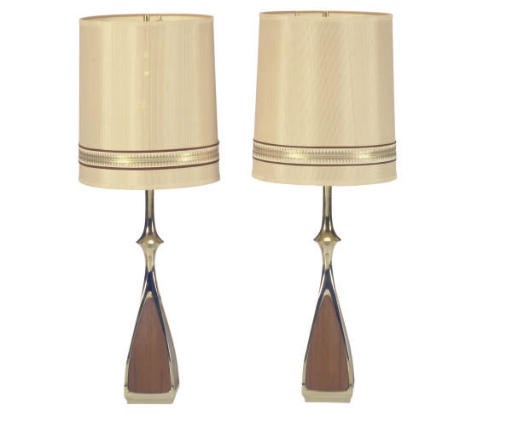A PAIR OF BRASS MOUNTED WALNUT TABLE LAMPS,