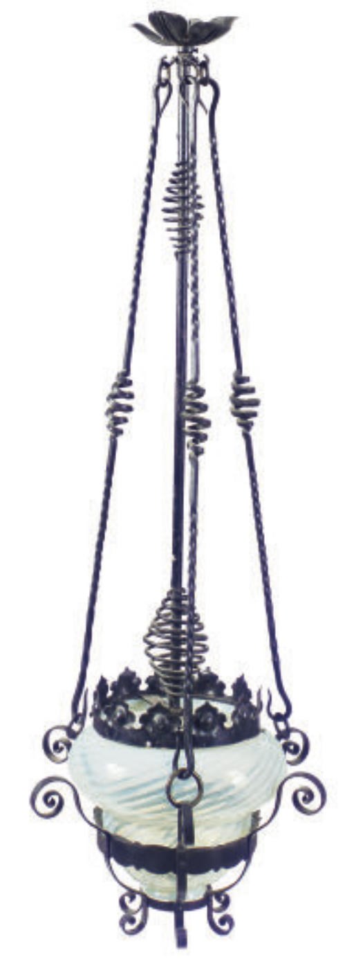 A WROUGHT IRON AND OPALESCENT GLASS LIGHT FIXTURE,