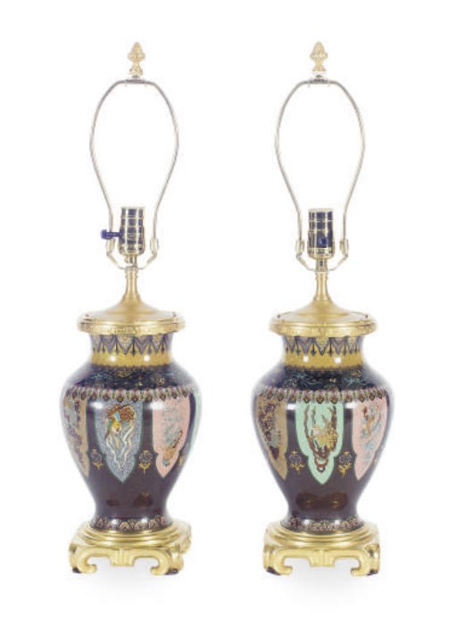 A PAIR OF GILT-METAL MOUNTED CLOISONNE ENAMEL VASES MOUNTED AS LAMPS,