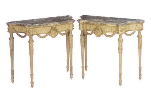 A PAIR OF GILTWOOD MARBLE TOP SIDE TABLES,