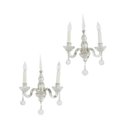 A SET OF FOUR MOLDED AND CUT-GLASS TWO-BRANCH WALL LIGHTS,
