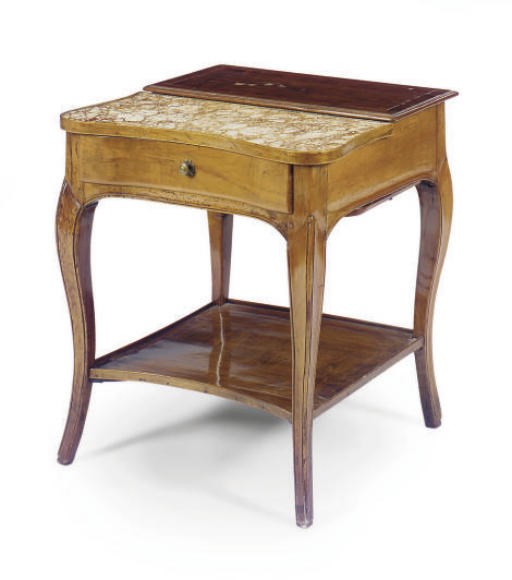 A FRENCH PROVINCIAL FRUITWOOD AND MARBLE SIDE TABLE,