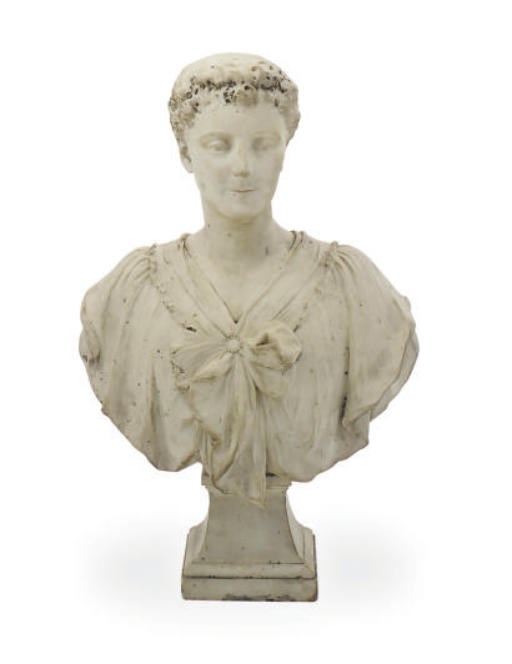 A WHITE MARBLE BUST OF A LADY,