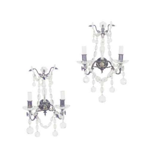 A PAIR OF SILVERED-METAL AND CUT-GLASS TWO-BRANCH WALL LIGHTS,
