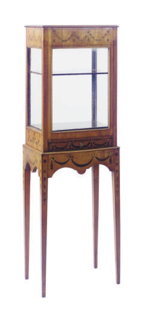 AN EDWARDIAN INLAID SATINWOOD AND PAINT-DECORATED VITRINE CABINET-ON-STAND,