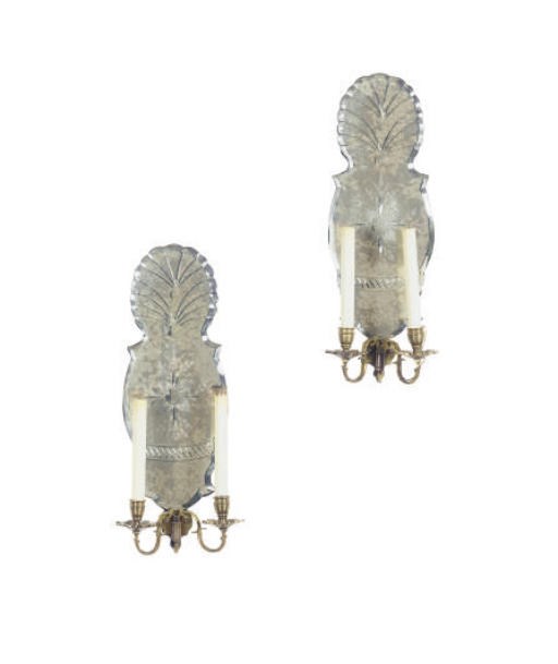 A PAIR OF BRASS AND ETCHED MIRRORED TWO-BRANCH WALL LIGHTS,