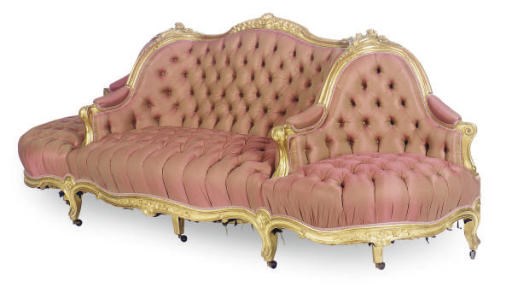 A GILTWOOD BUTTON-TUFTED UPHOLSTERED CONVERSATION SETTEE,