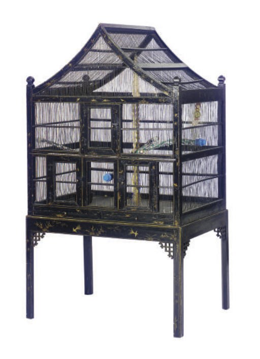 A VICTORIAN BLACK AND GILT-LACQUERED BIRDCAGE-ON-STAND,