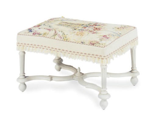 A CREAM-PAINTED AND NEEDLEWORK UPHOLSTERED BENCH,
