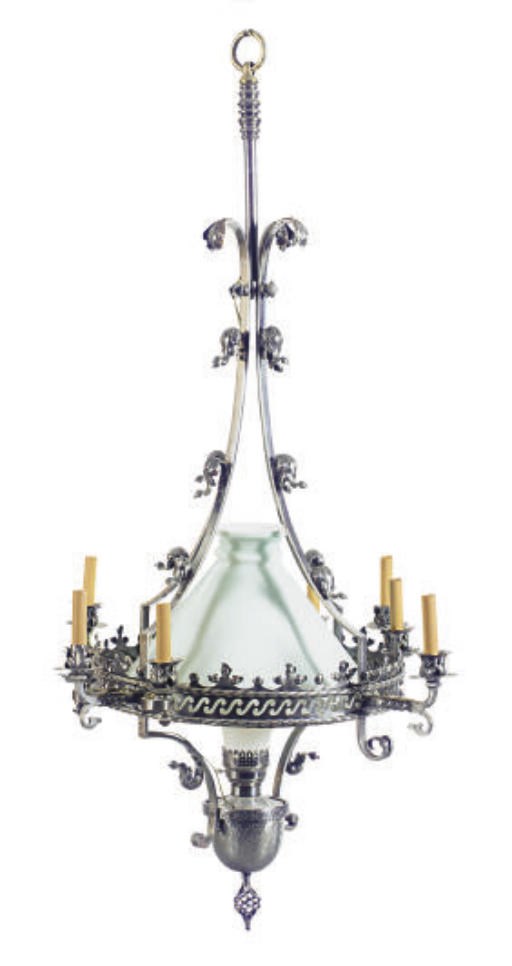 A SILVERED METAL, STEEL, AND GLASS EIGHT-LIGHT HURRICANE LAMP CHANDELIER,