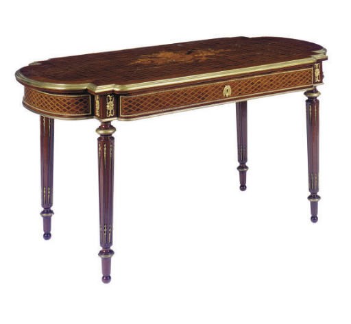 A FRENCH GILT-METAL MOUNTED MAHOGANY, SATINWOOD, MARQUETRY AND PARQUETRY LIBRARY TABLE,