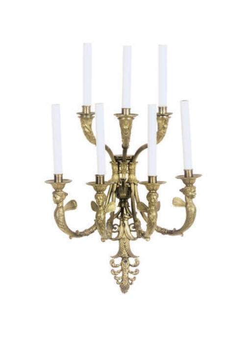 A GILT-BRONZE FIGURAL SEVEN-BRANCH WALL LIGHT,