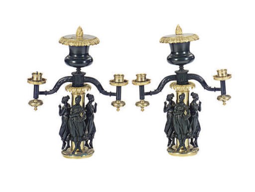 A PAIR OF ENAMELED METAL, GILT-BRONZE, AND BRASS TWO-LIGHT FIGURAL ARGAND LAMPS,