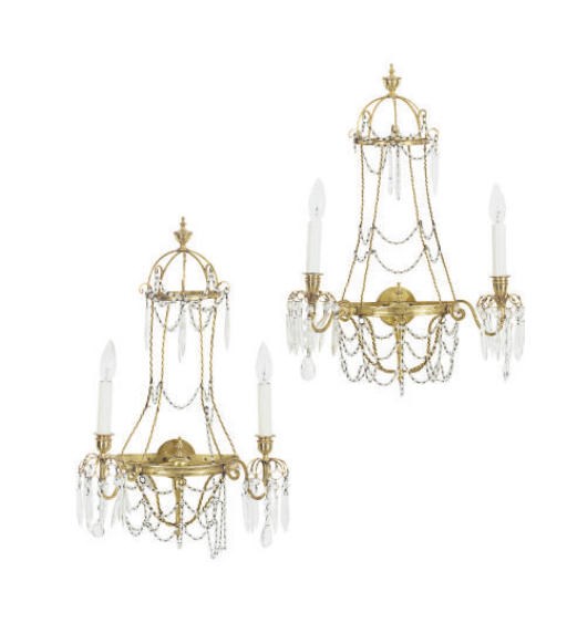 A SET OF FOUR GILT-METAL AND CUT-GLASS TWO-BRANCH WALL LIGHTS,