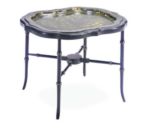 A BLACK AND GILT DECORATED PAPIER MACHE TRAY ON STAND,