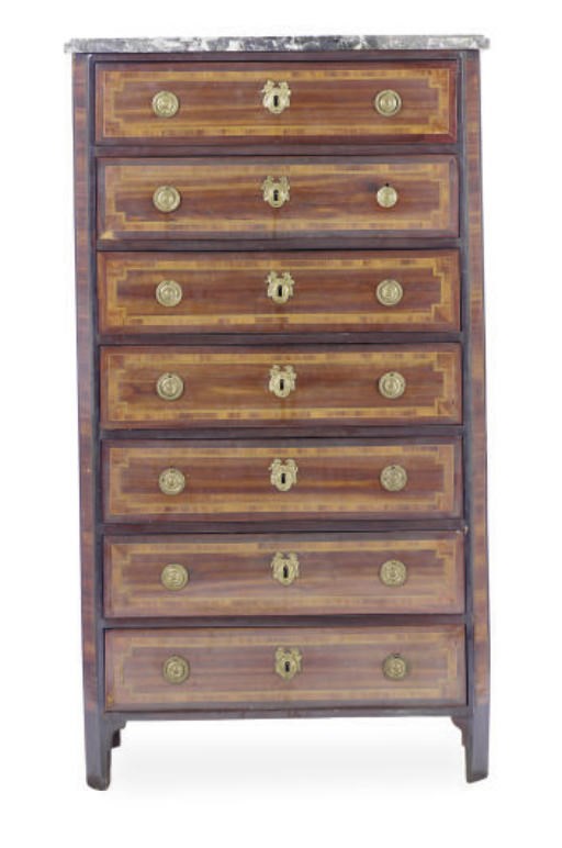 A FRENCH MAHOGANY, TULIPWOOD, AND BOIS SATINE MARBLE TOP SEMANIER,
