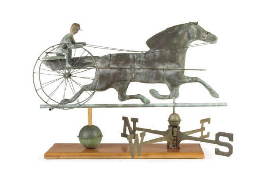 AN AMERICAN CAST IRON AND COPPER HORSE AND SULKY STYLE WEATHERVANE,