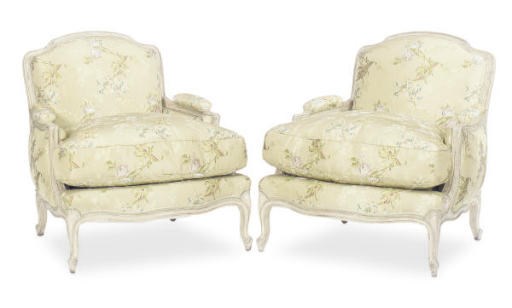 A PAIR OF PAINTED AND UPHOLSTERED OVERSIZED BERGERES,