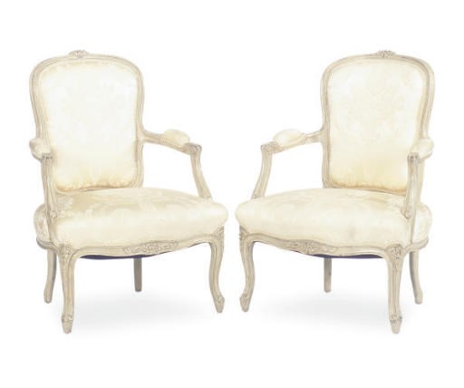 A PAIR OF PAINTED AND SCALAMANDRE BROCADE UPHOLSTERED FAUTEUILS,