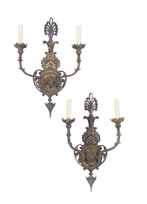 TWO PAIRS OF GILT-METAL TWO-BRANCH WALL-LIGHTS,
