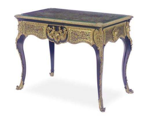 A FRENCH ORMOLU-MOUNTED RED TORTOISESHELL, MOTHER-OF-PEARL, PART- EBONIZED AND BOULLE MARQUETRY WRITING TABLE**,