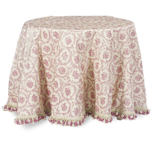 A PAIR OF PINK AND WHITE FLORAL SILK ROUND COVERED SIDE TABLES,