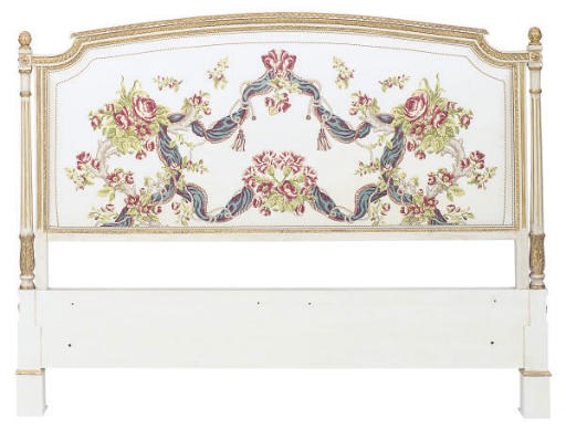 A CREAM PAINTED AND PARCEL-GILT FLORAL UPHOLSTERED HEADBOARD TOGETHER WITH CANOPY AND CURTAINS,
