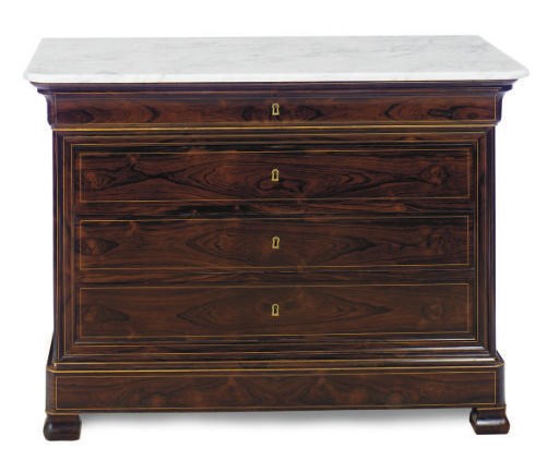 A LOUIS PHILIPPE LINE-INLAID ROSEWOOD AND MARBLE TOP COMMODE**,