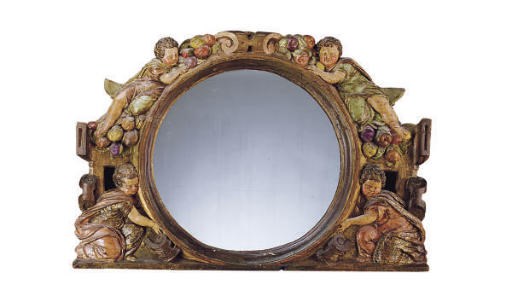 AN ITALIAN POLYCHROME-DECORATED AND GILTWOOD MIRROR,