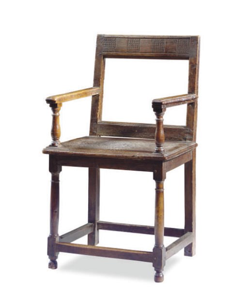 A FRENCH OAK AND WALNUT ARMCHAIR,