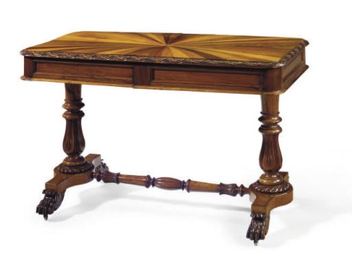 AN EARLY VICTORIAN ROSEWOOD, HARDWOOD AND SPECIMEN-WOOD WRITING-TABLE**,