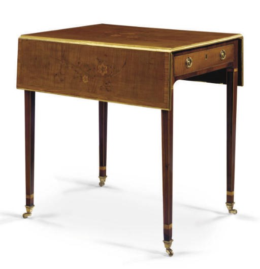 A GEORGE III SYCAMORE, ROSEWOOD, MARQUETRY AND PARCEL-GILT PEMBROKE TABLE,