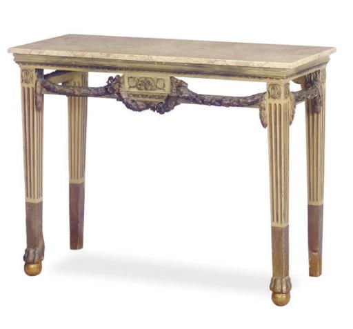 TWO PAINTED AND PARCEL-GILT CONSOLE TABLES,