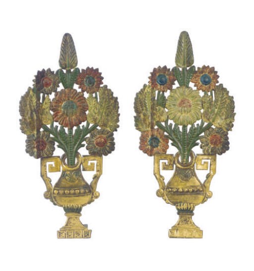 A PAIR OF FLORAL AND URN-FORM GILT AND POLCHROME-PAINTED METAL FIRE GUARDS,