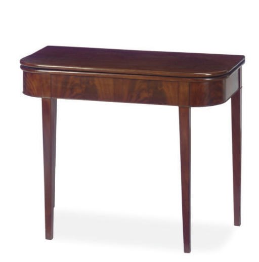 A MAHOGANY D-SHAPED FOLD-OVER CARD TABLE,
