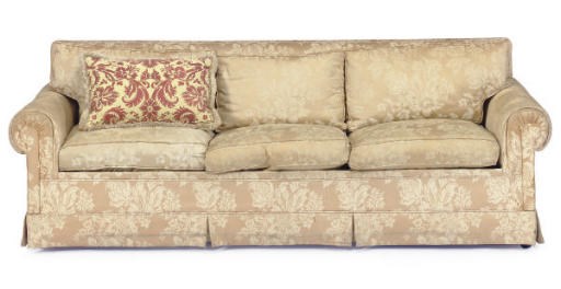A YELLOW SILK DAMASK UPHOLSTERED LOW SOFA,