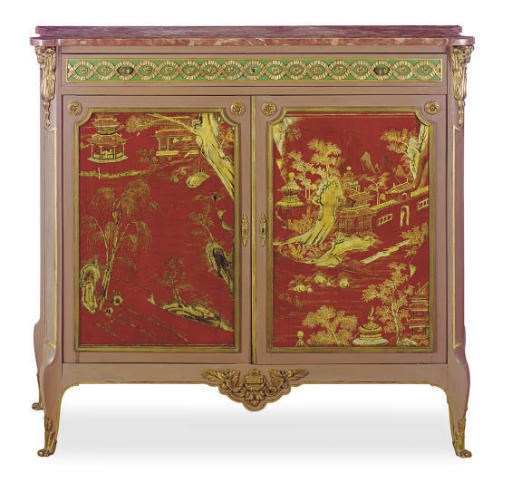 A FRENCH GILT-BRONZE MOUNTED PAINTED AND CHINOISERIE DECORATED MARBLE TOP SIDE CABINET,