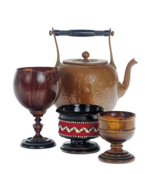 AN AMERICAN COPPER TEAPOT AND COVER AND SIX ENGLISH GOBLETS,