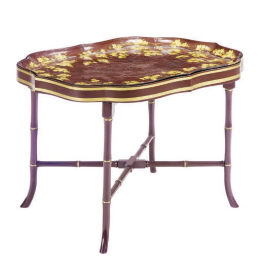 A SCARLET AND GILT DECORATED PAPIER MACHE TRAY-ON-STAND,