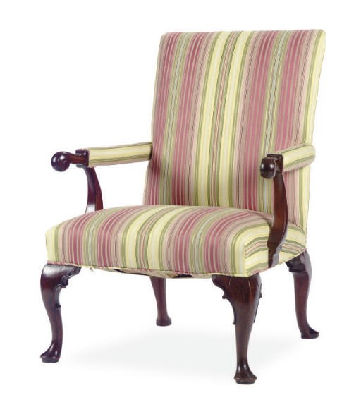 A GEORGE II WALNUT OPEN ARMCHAIR,