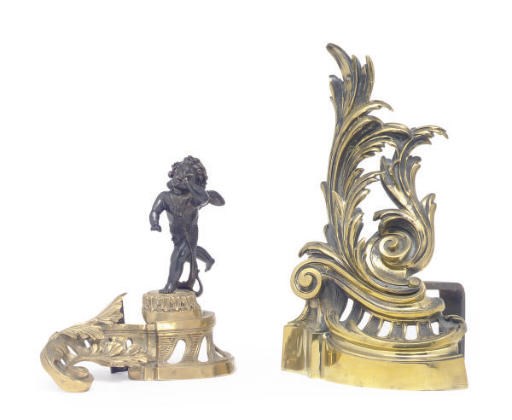 A PAIR OF PATINATED AND GILT-METAL FIGURAL FIRE GUARDS,