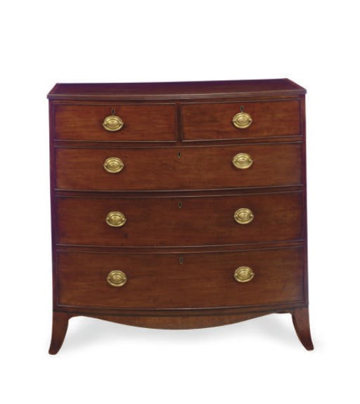 AN ENGLISH MAHOGANY AND CROSSBANDED BOWFRONT CHEST-OF-DRAWERS,