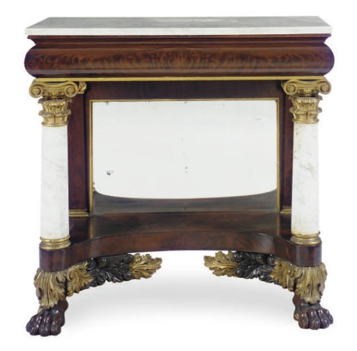 AN AMERICAN CLASSICAL MAHOGANY, PARCEL GILT AND MARBLE PIER TABLE,