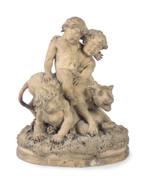 A TERRACOTTA FIGURAL GROUP OF THREE BACCUTANTS AND A LION,