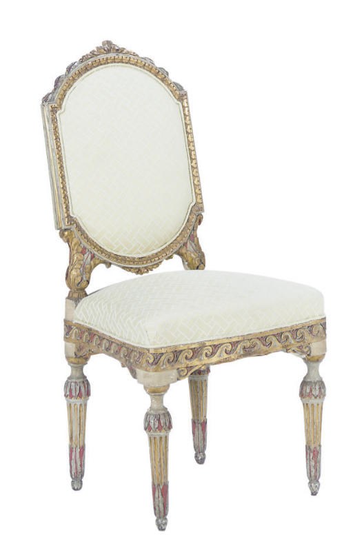 AN ITALIAN PAINTED, PARCEL-GILT AND UPHOLSTERED SIDE CHAIR,