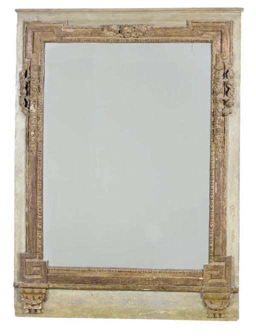 A GREEN-PAINTED AND PARCEL-GILT MIRROR,