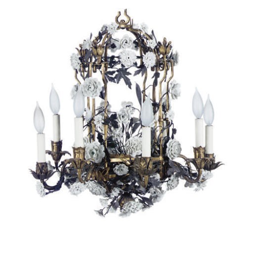 A GILT-METAL AND PORCELAIN EIGHT-LIGHT CHANDELIER,