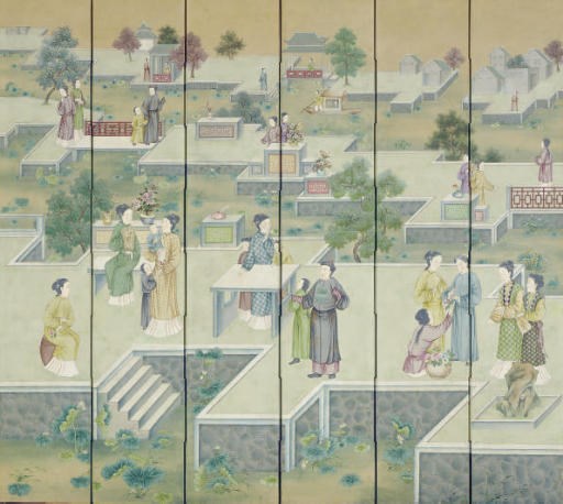 A POLYCHROME-PAINTED SIX-PANEL FLOOR SCREEN,