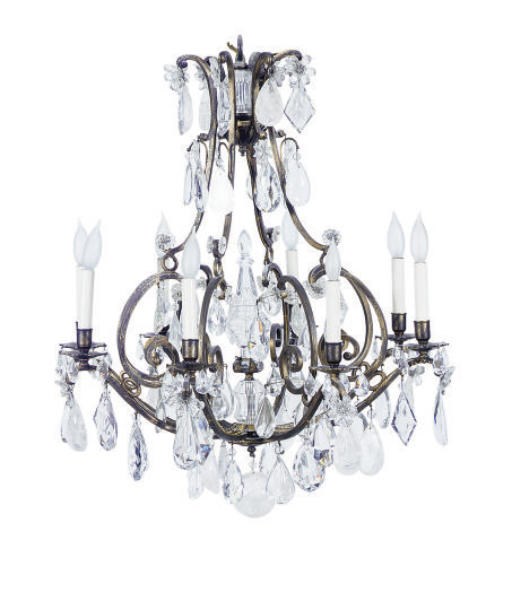 A GILT-METAL, ROCK CRYSTAL AND MOLDED AND CUT-GLASS EIGHT-LIGHT CHANDELIER,
